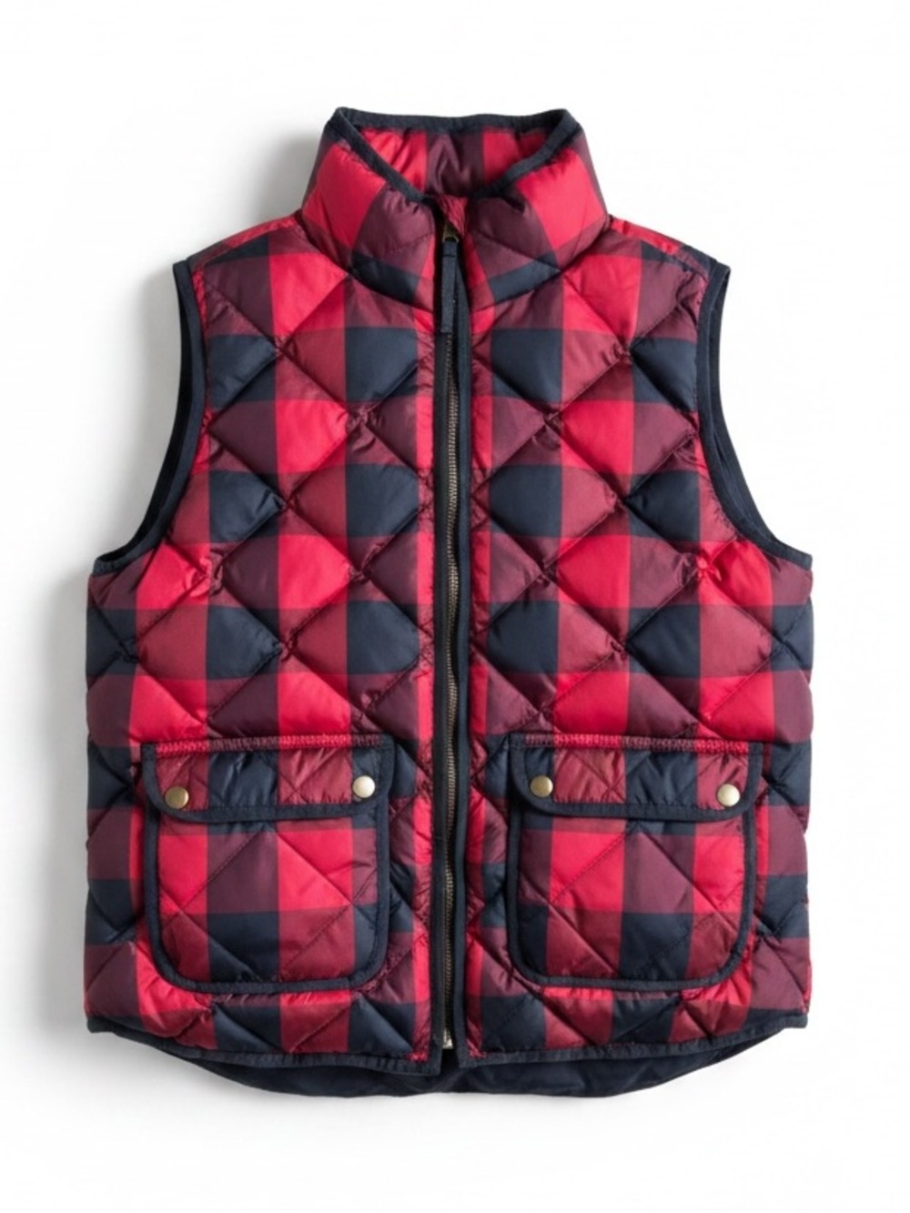 J. Crew Buffalo Plaid Down Puffer Vest Red Black Quilted Snap Pocket Medium